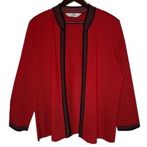 Ming Wang Red Cardigan Open Front Sweater Metallic Shimmer Trim